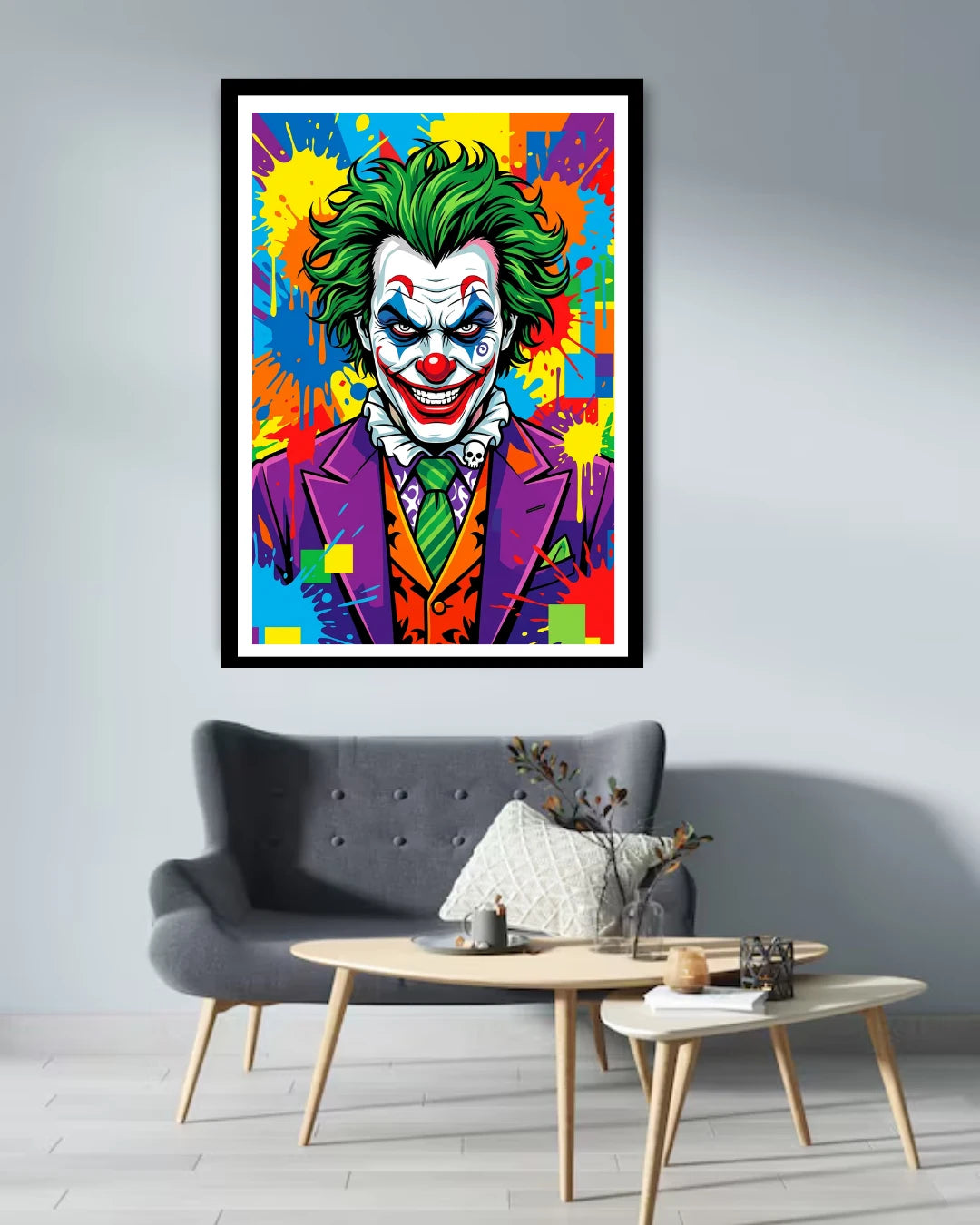 graffiti joker portrait wall art canvas in living room setup