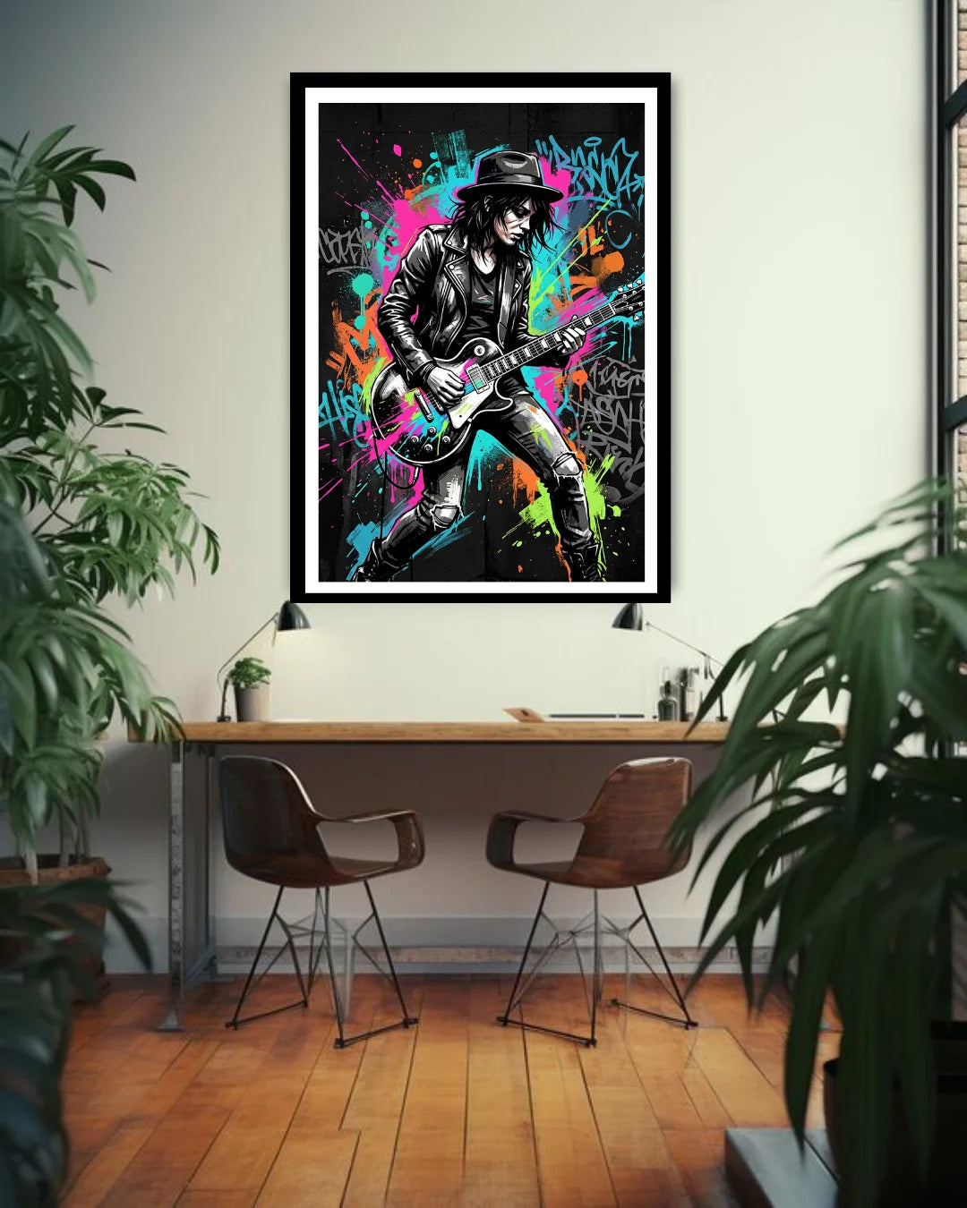 colorful graffiti musician wall art canvas in plant themed living room