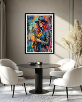graffiti saxophone wall art canvas displayed in modern dining area