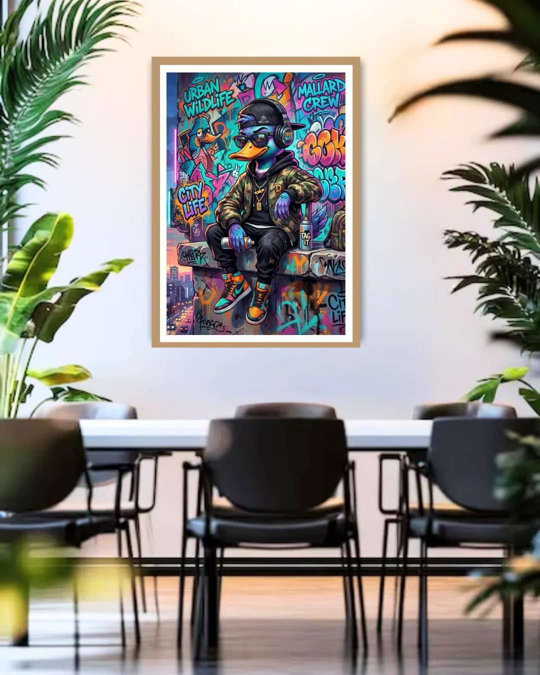 graffiti soldier wall art canvas displayed in modern dining area