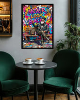Colorful poster with a stylized character and &