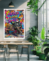 Colorful poster with a man sitting on a bench and &