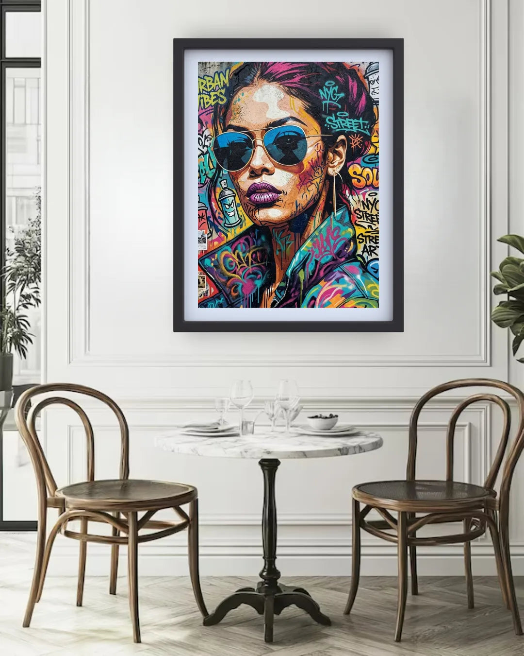 Framed colorful artwork of a woman with sunglasses in a dining room setting.