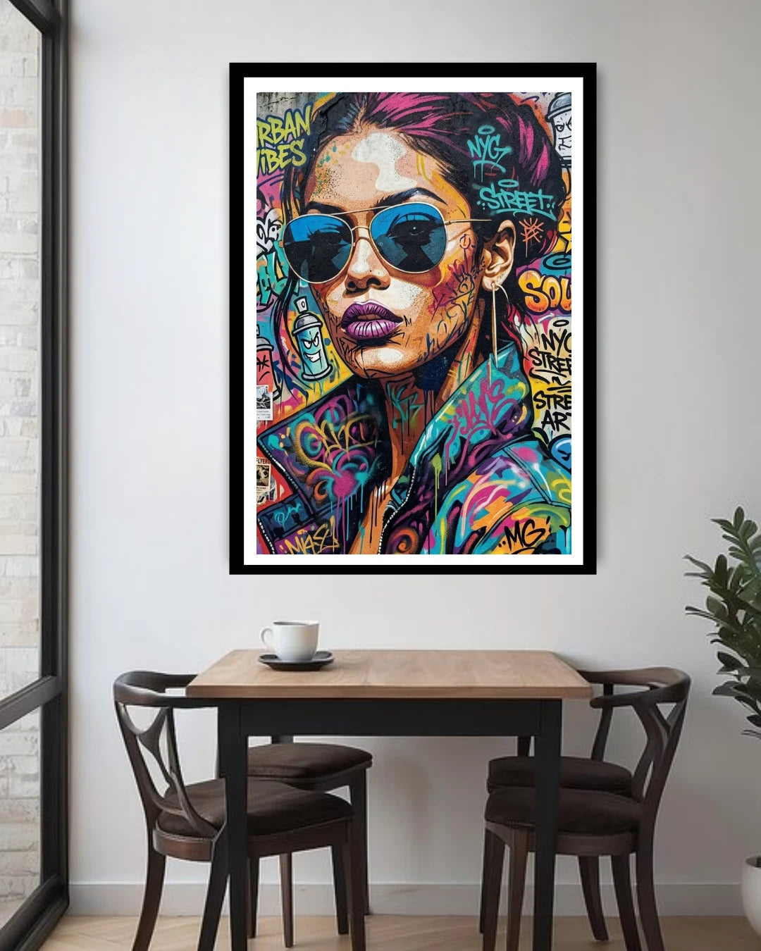 Colorful street art-style portrait of a woman with sunglasses on a wall above a dining table.