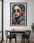 Colorful street art-style portrait of a woman with sunglasses on a wall above a dining table.