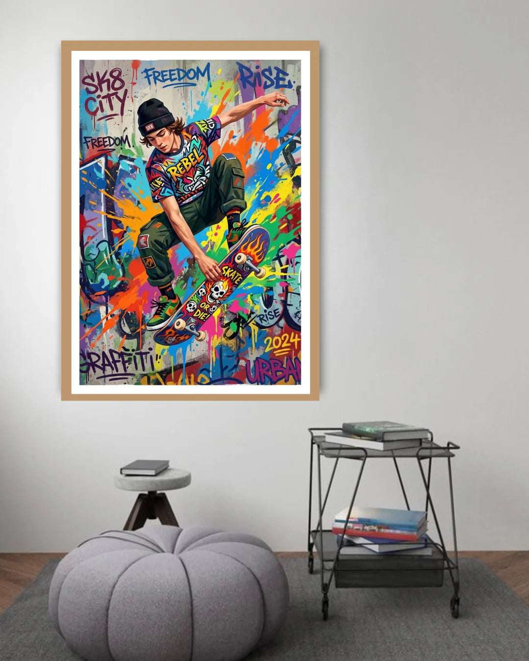 Colorful poster of a skateboarder with graffiti-style text in a wooden frame, displayed on a wall.