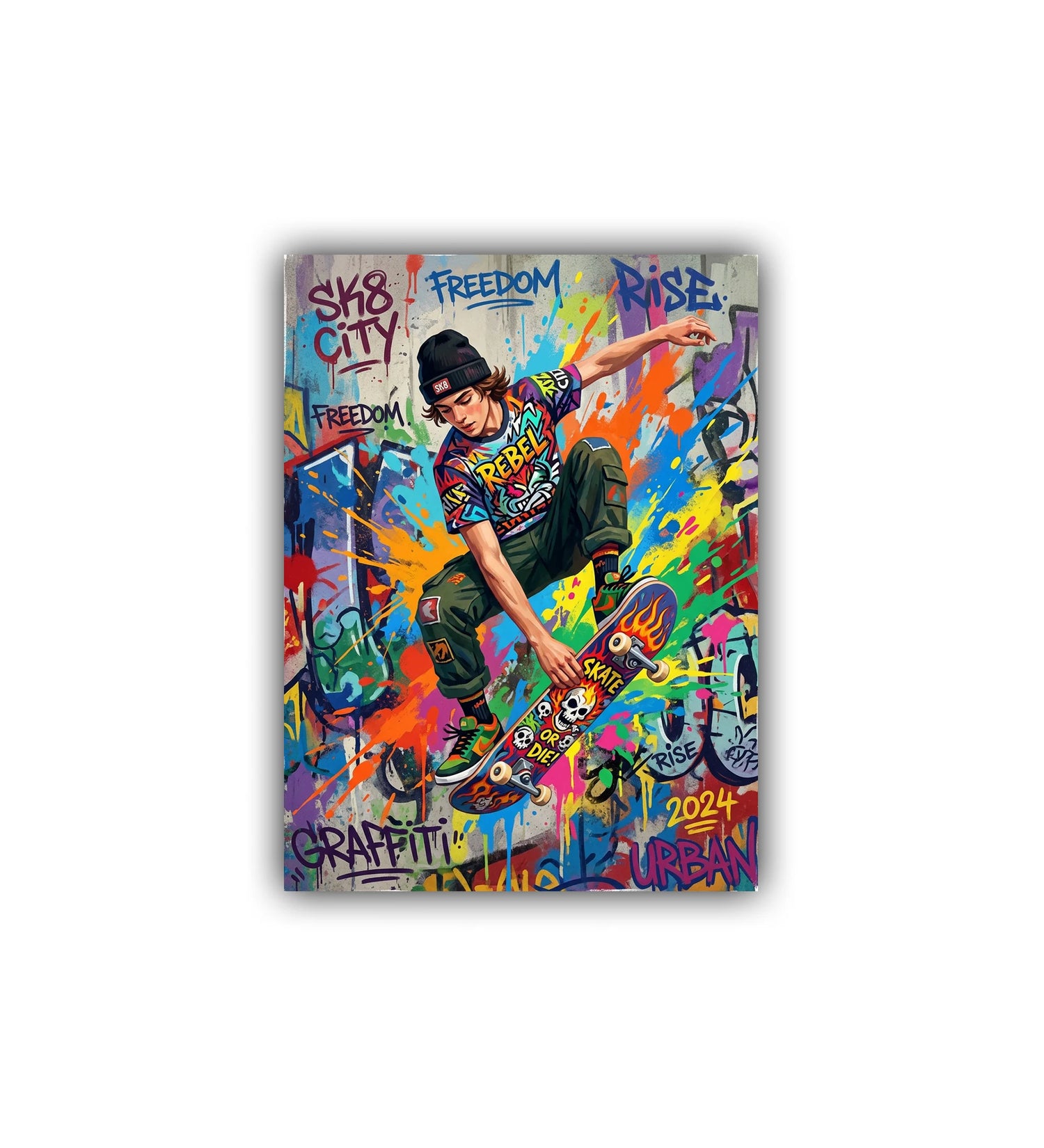 Colorful skateboard deck with a graphic design of a skateboarder and text on a white background