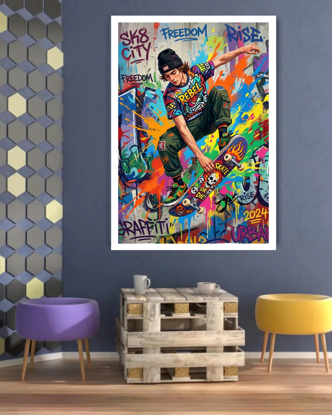 Colorful graffiti-style poster of a person on a wall with modern furniture below.