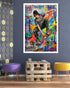 Colorful graffiti-style poster of a person on a wall with modern furniture below.