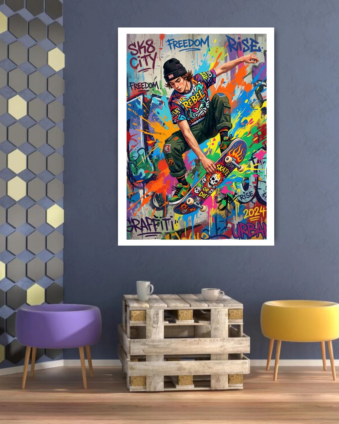 Colorful graffiti-style poster of a skateboarder on a wall with a modern interior setting.
