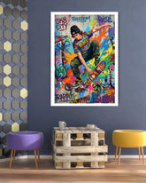 Colorful graffiti-style poster of a skateboarder on a wall with a modern interior setting.