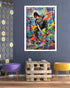 Colorful graffiti-style poster of a skateboarder on a wall with a modern interior setting.