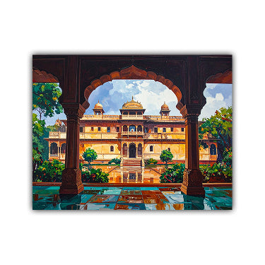 A rectangular canvas wall art print depicting a grand palace courtyard framed by dark arches, with warm golden buildings, green trees, and a blue sky reflected in water, shown against a plain white background.