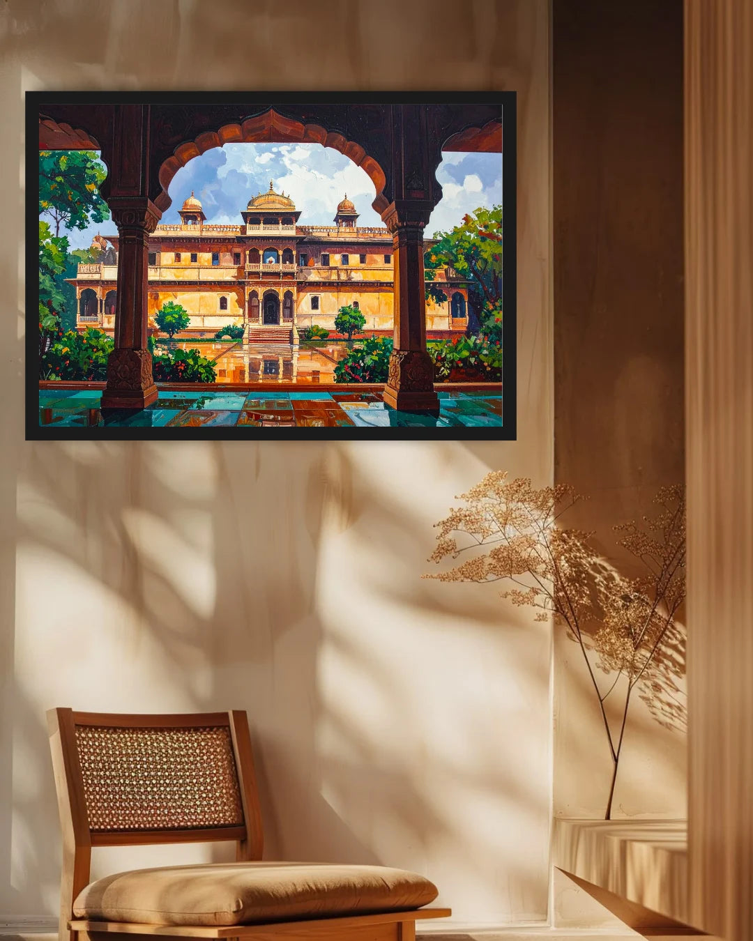 A framed painting of a traditional Indian palace courtyard with arches and a reflecting pool, displayed on a beige wall in a styled room with a wooden chair and dried flowers.