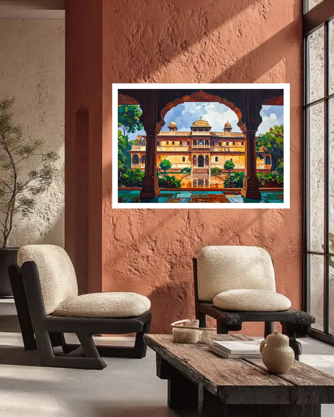 A framed art print depicting a colorful Indian palace under arches, displayed on a terracotta-colored wall in a modern living room setting with two armchairs and a wooden coffee table.