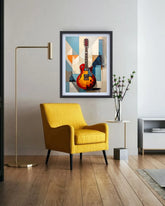 abstract guitar canvas artwork displayed in cozy living room