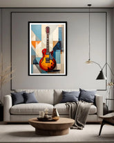 modern abstract guitar painting displayed in stylish home interior