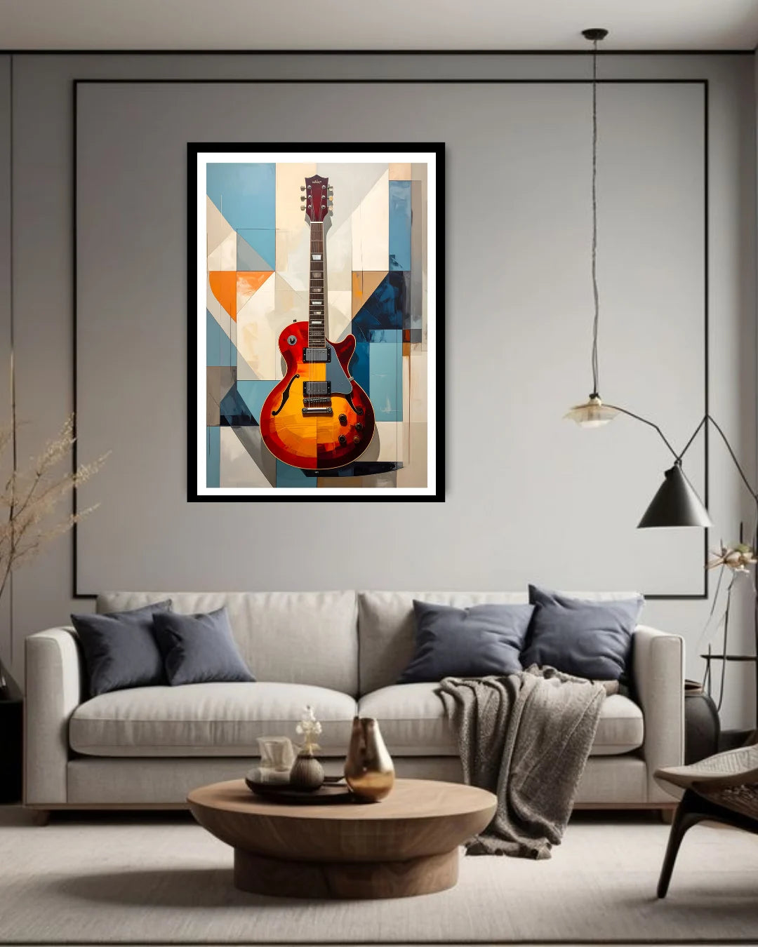 modern abstract guitar painting displayed in stylish home interior