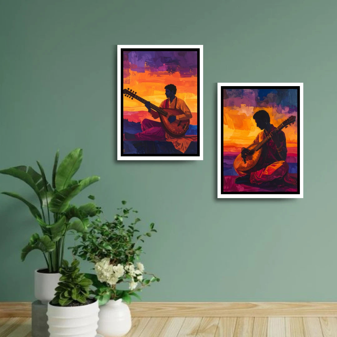 Guitar player sunset canvas painting for wall decoration