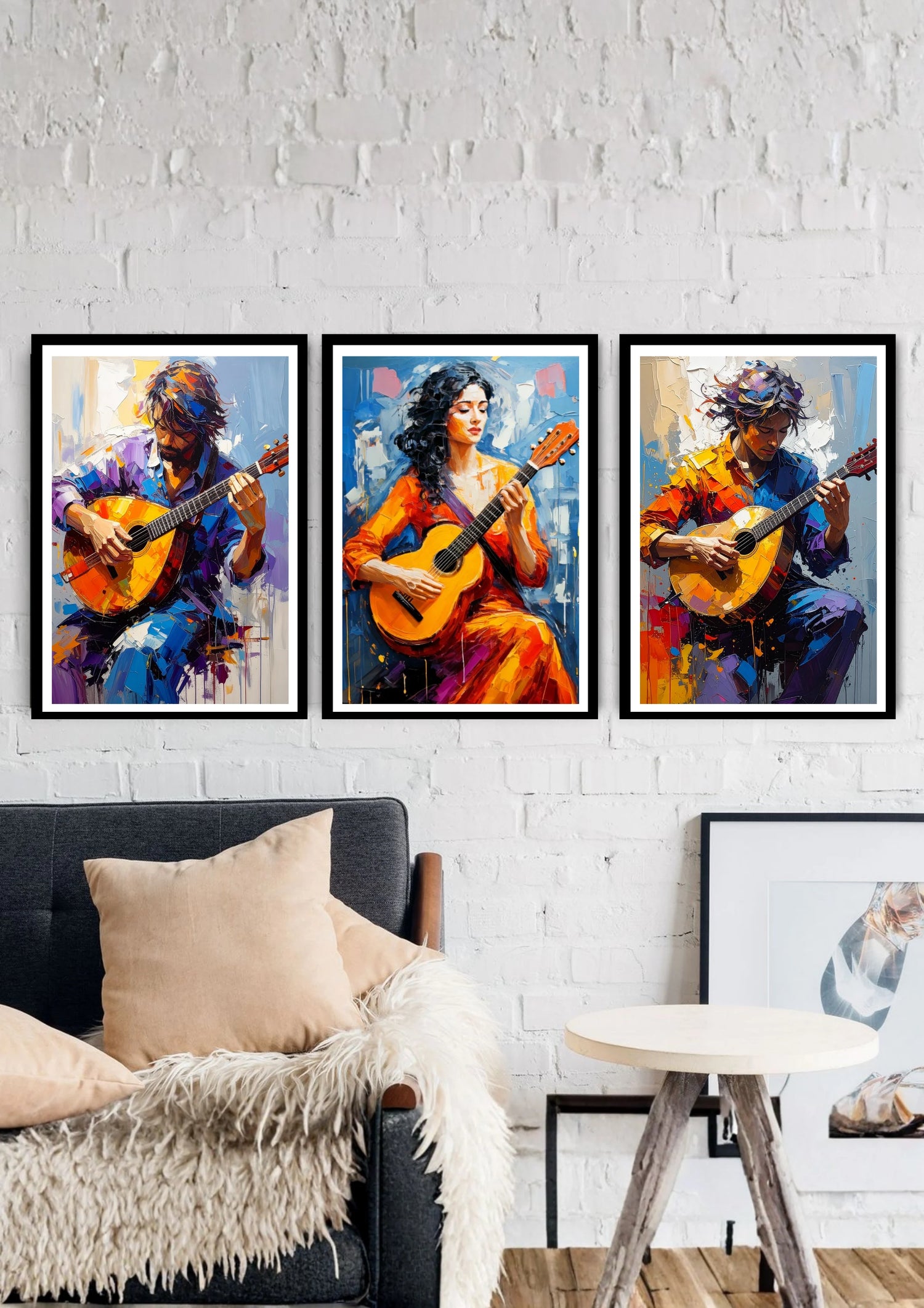 Musical style painting with three expressive guitars in bold colors