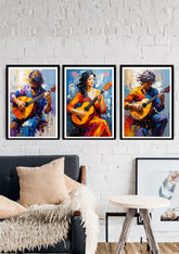 Musical style painting with three expressive guitars in bold colors