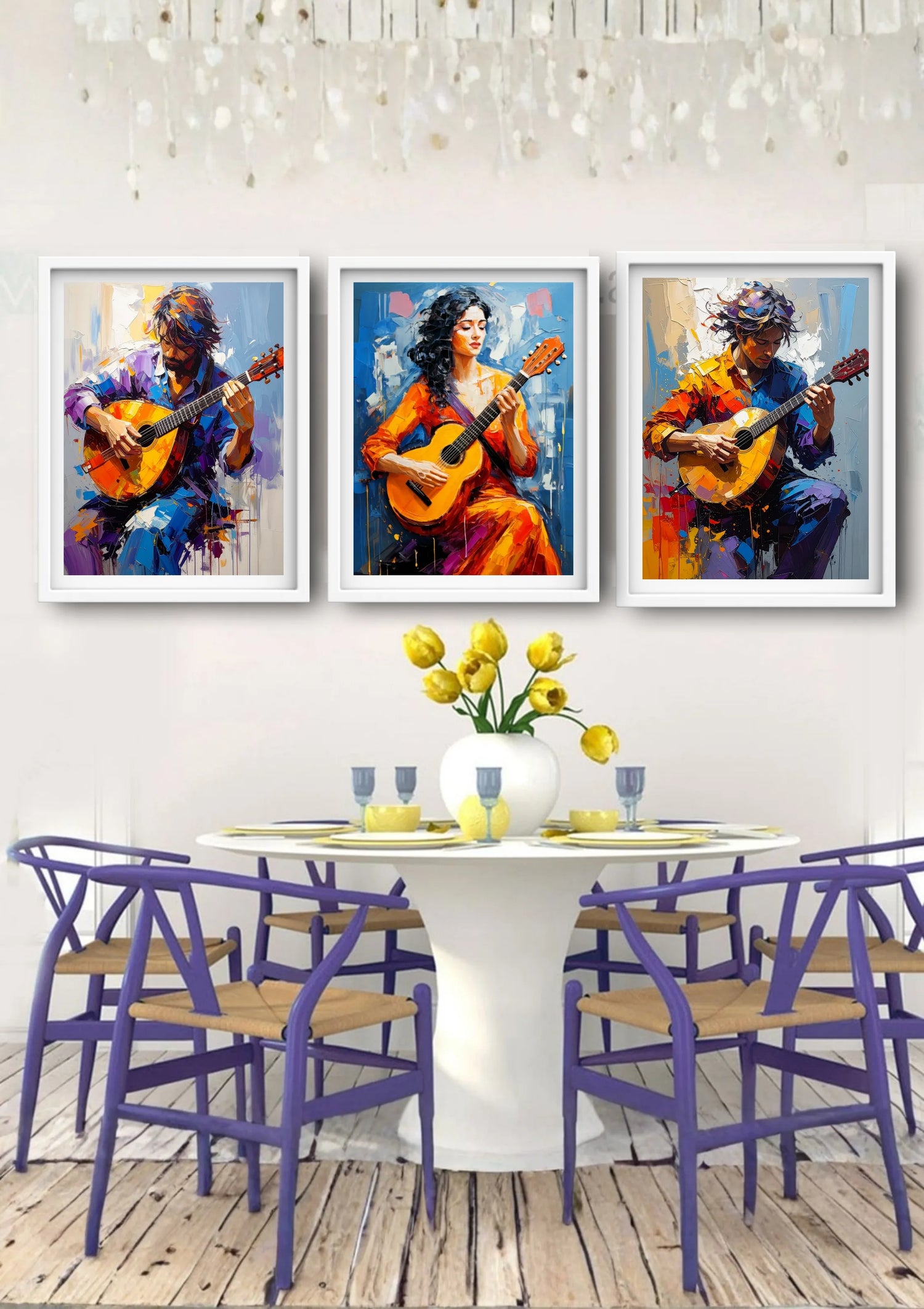 Colorful guitar trio painting displayed as modern musical wall art