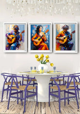 Colorful guitar trio painting displayed as modern musical wall art
