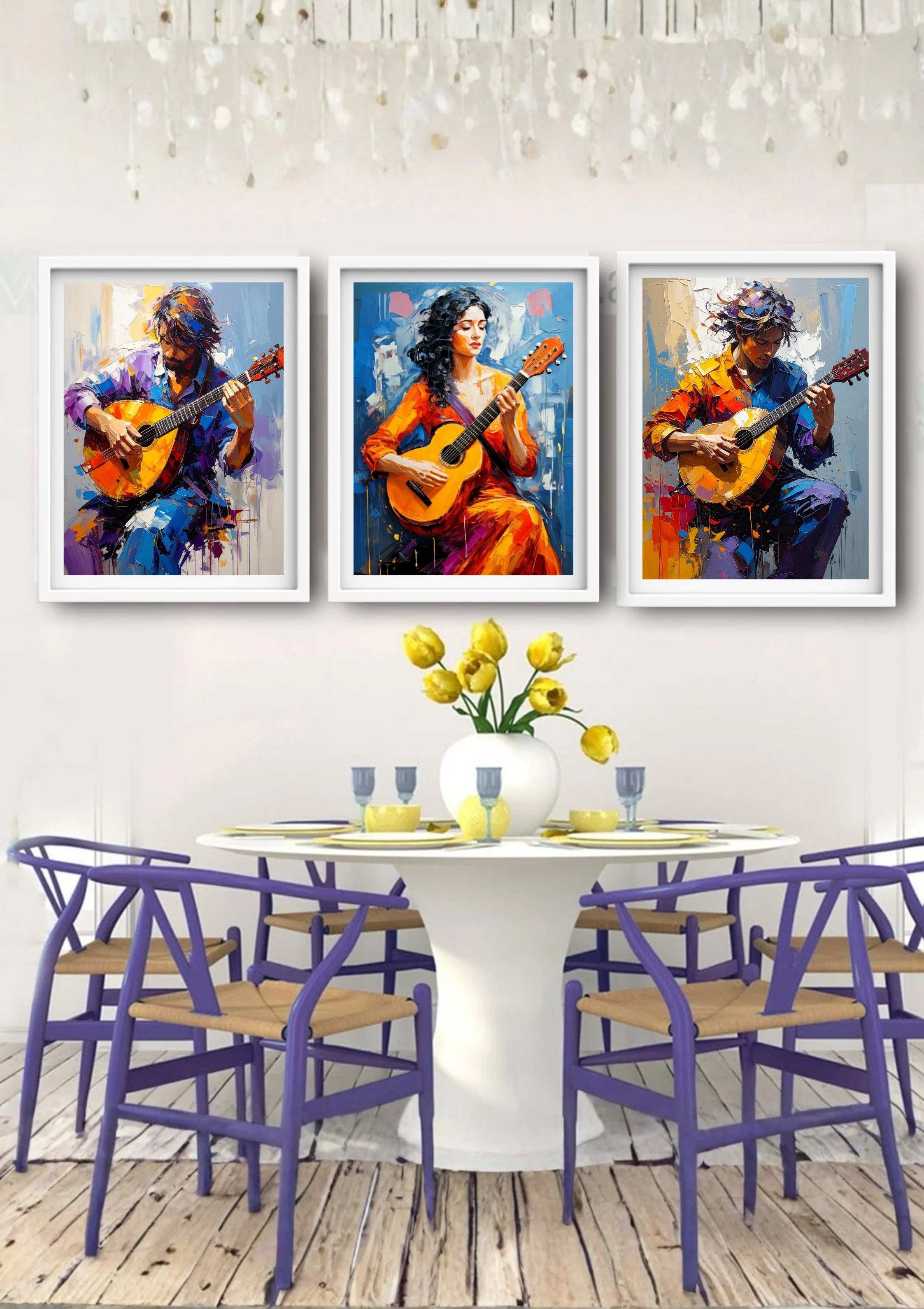 Colorful guitar trio painting displayed as modern musical wall art