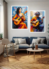 Two framed colorful paintings of guitar players displayed on a wall above a blue sofa in a modern living room setting.
