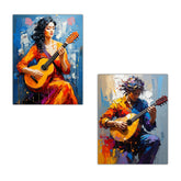 Two square canvas art prints showing colorful painted portraits of women playing classical guitars, displayed on a white background.