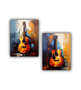 Two abstract paintings of guitars on a white background