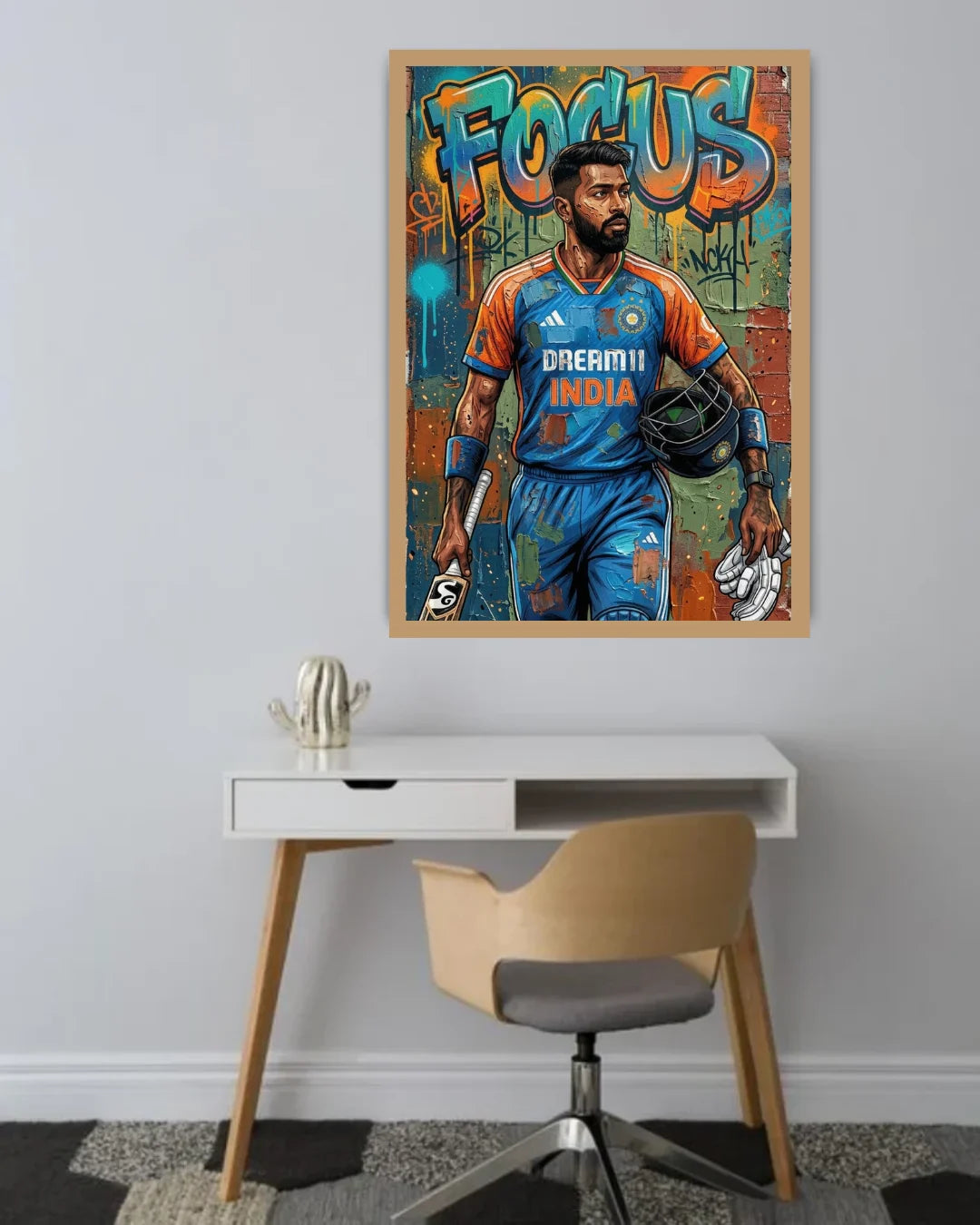 Framed artwork of a cricket player with &