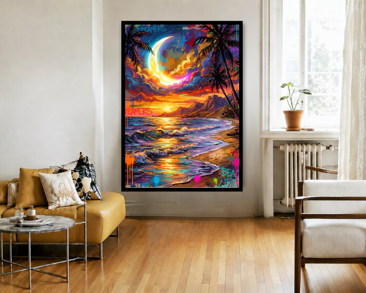 Colorful beach scene painting in a living room with a yellow sofa and white chair.