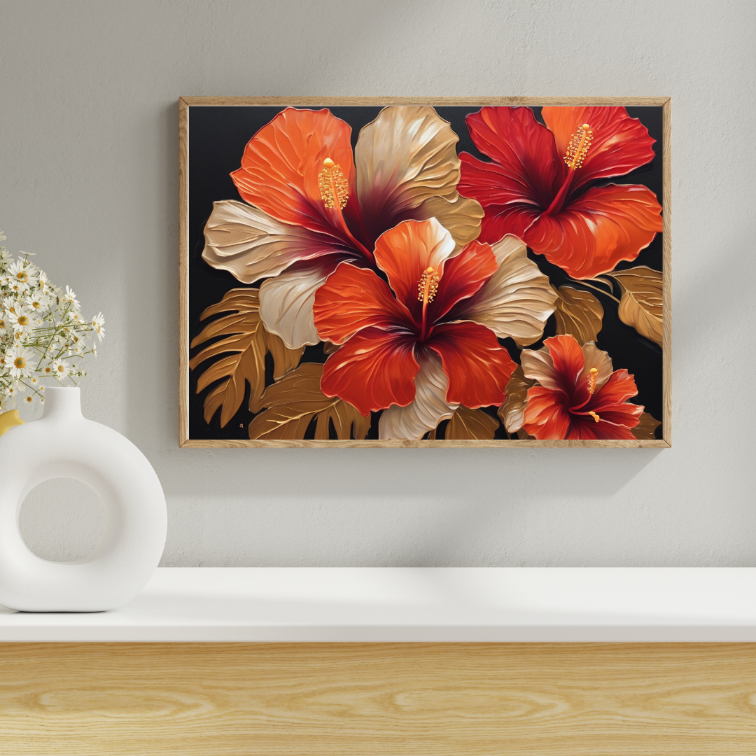 Hibiscus floral canvas wall art in modern minimal interior
