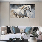 Running horse canvas painting displayed in modern living room