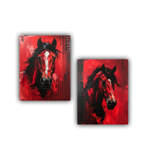 Horse two panel canvas wall art set in red modern design