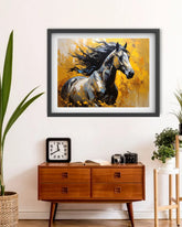 Framed painting of a horse on a wall above a wooden console table.