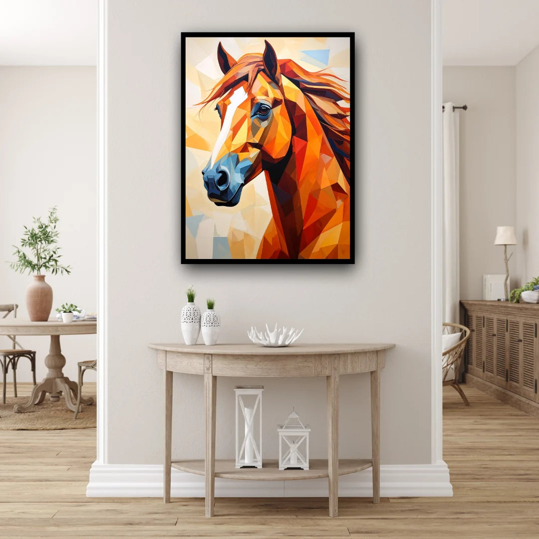 Colorful abstract horse painting on a wall in a modern interior setting.
