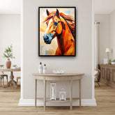 Colorful abstract horse painting on a wall in a modern interior setting.