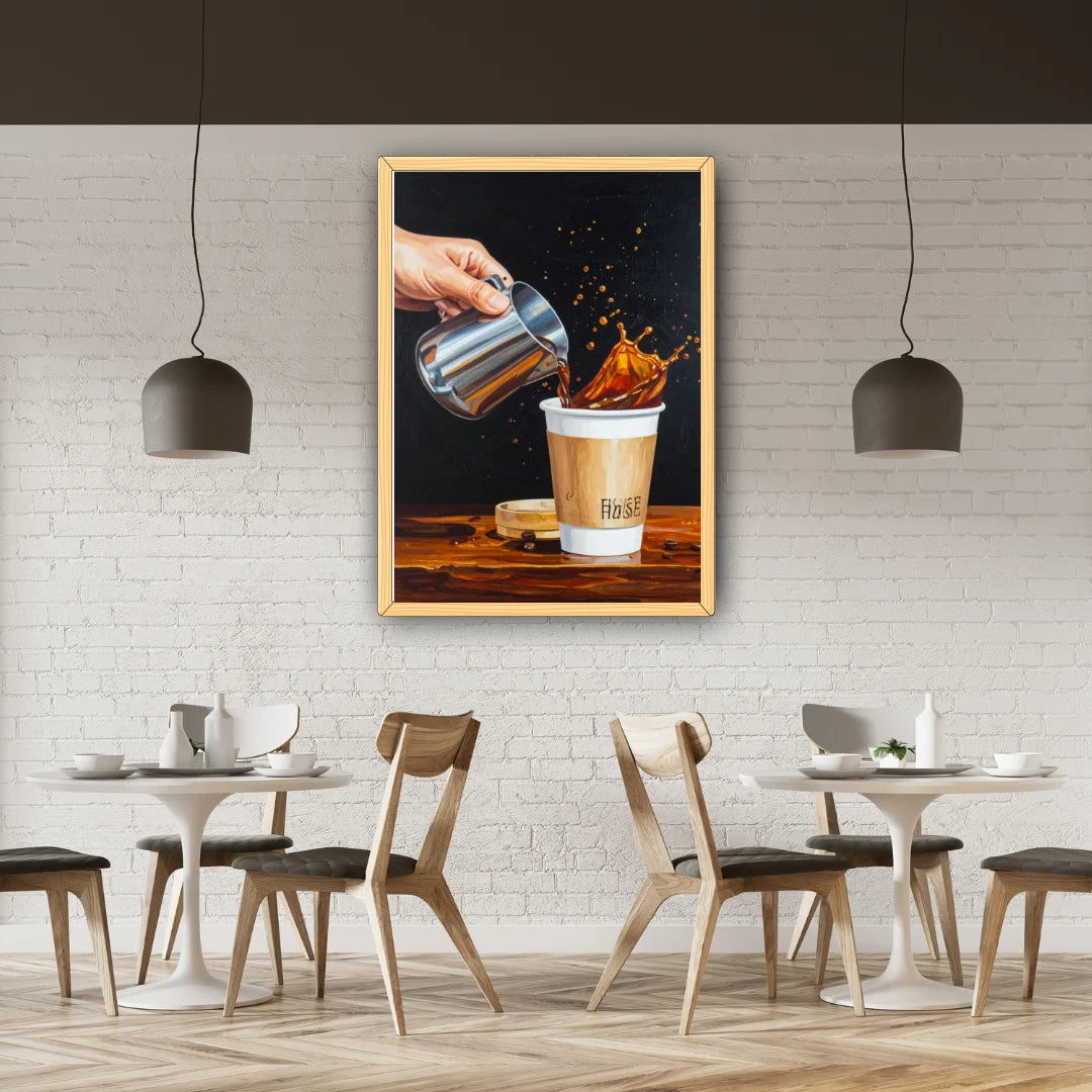 Hot coffee pour wall art canvas painting showing fresh coffee preparation