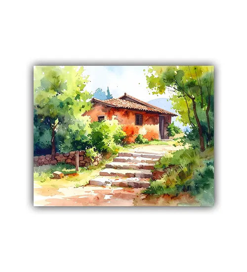 Painting of a rustic house surrounded by trees and greenery
