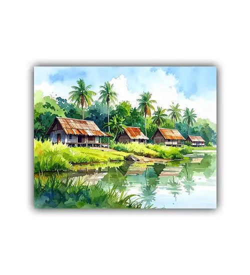 Landscape painting of a village by a lake with palm trees