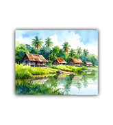 Landscape painting of a village by a lake with palm trees