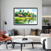 Living room with a painting of a tropical landscape on the wall