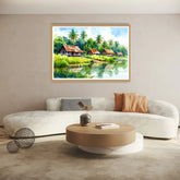 Modern living room with a white sofa, round wooden coffee table, and a scenic painting of huts on a lake.