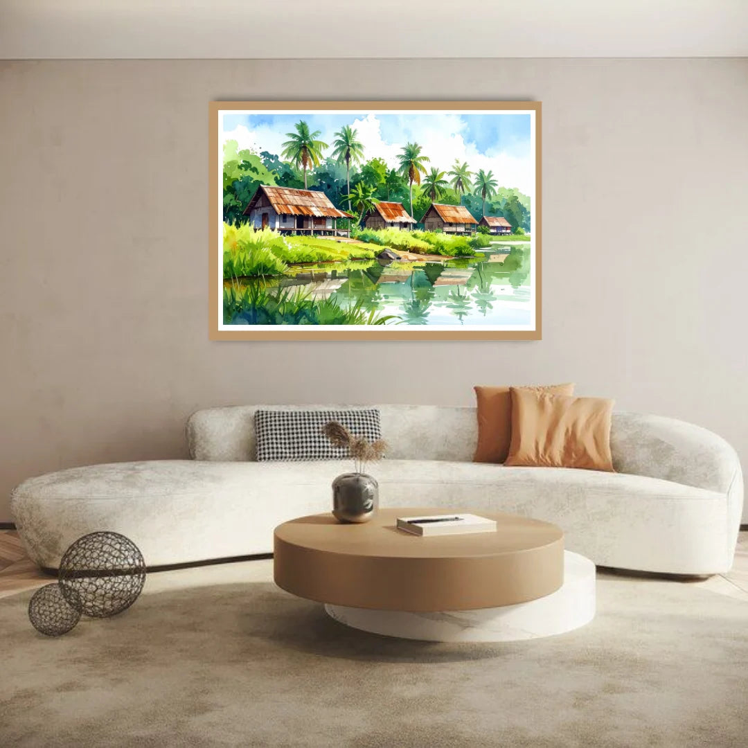 Modern living room with a white sofa, round wooden coffee table, and a scenic painting of huts on a lake.