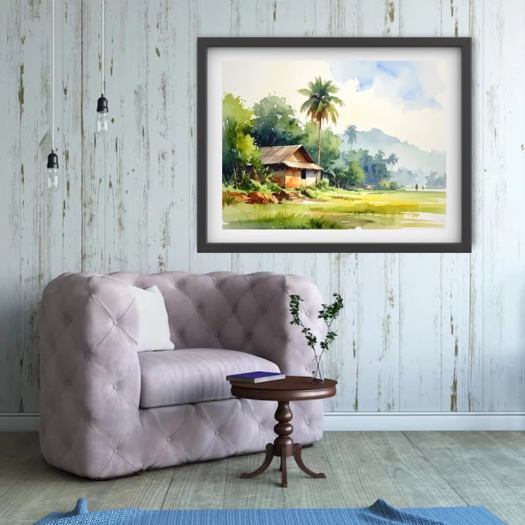 Framed landscape painting above a gray sofa in a room with wooden floor and white walls.