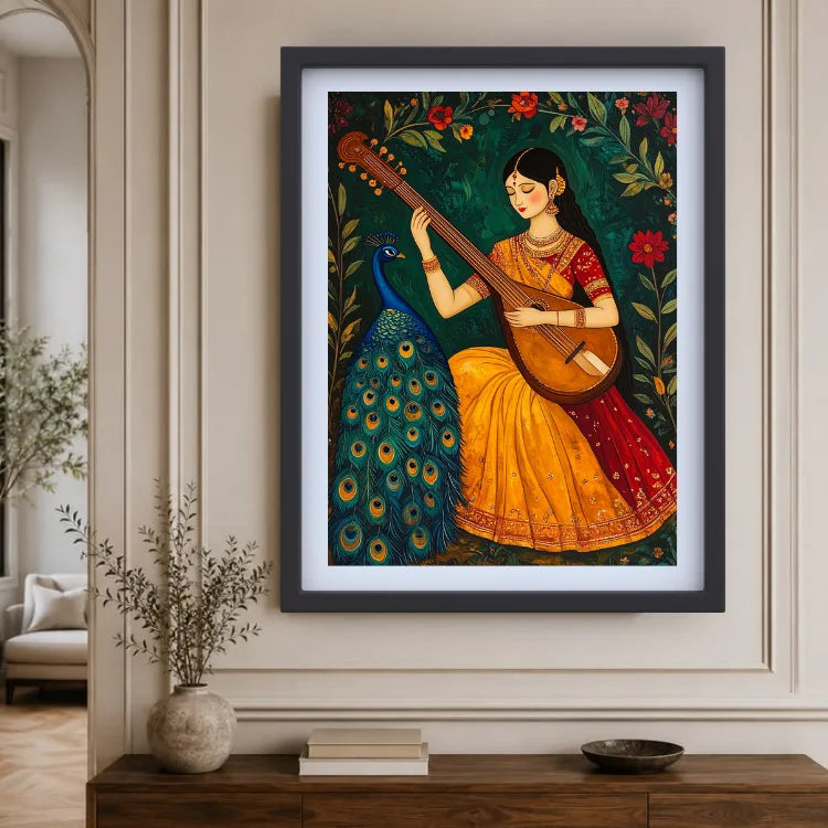 Indian classical veena player wall art displayed in a sophisticated modern home with premium décor.