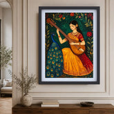 Indian classical veena player wall art displayed in a sophisticated modern home with premium décor.
