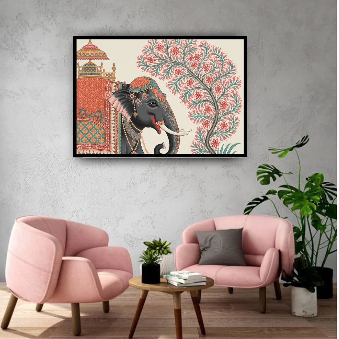 Indian elephant canvas wall art in modern home interior decor